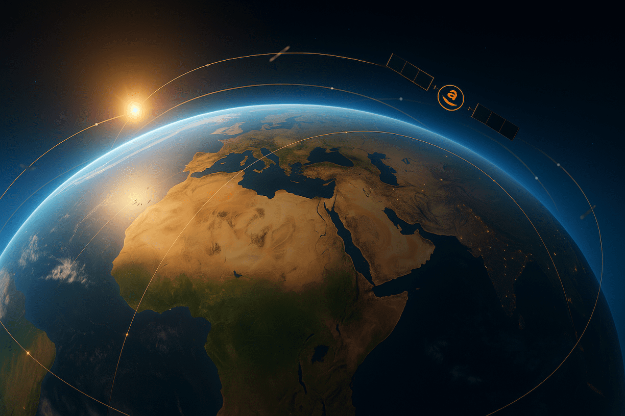 3D photorealistic view of Earth from orbit showing Amazon’s Project Kuiper satellite network expanding over Africa and the Middle East at sunrise.