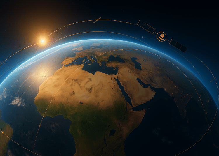 3D photorealistic view of Earth from orbit showing Amazon’s Project Kuiper satellite network expanding over Africa and the Middle East at sunrise.