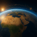3D photorealistic view of Earth from orbit showing Amazon’s Project Kuiper satellite network expanding over Africa and the Middle East at sunrise.