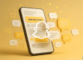 Digital illustration of Snapchat-inspired public chat interface with floating message bubbles and a ‘Join the Chat’ button, representing Topic Chats.