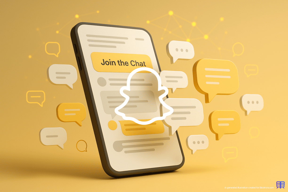 Digital illustration of Snapchat-inspired public chat interface with floating message bubbles and a ‘Join the Chat’ button, representing Topic Chats.