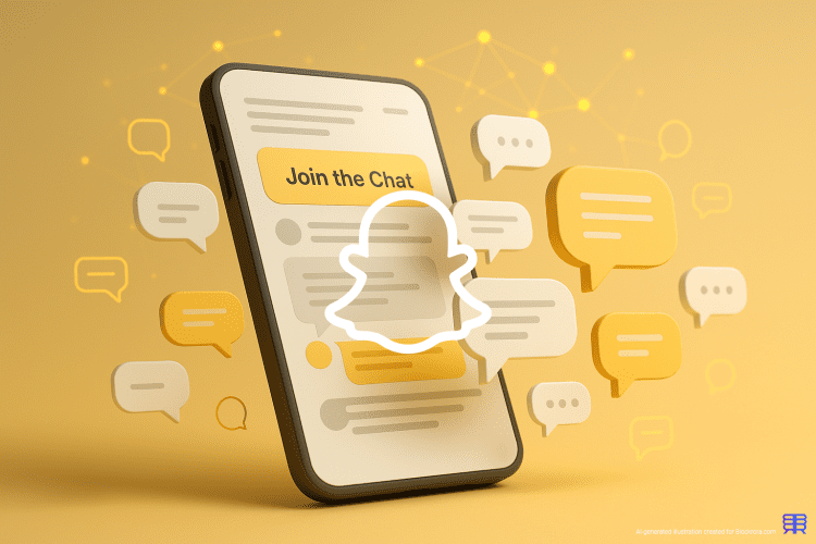 Digital illustration of Snapchat-inspired public chat interface with floating message bubbles and a ‘Join the Chat’ button, representing Topic Chats.