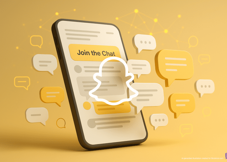 Digital illustration of Snapchat-inspired public chat interface with floating message bubbles and a ‘Join the Chat’ button, representing Topic Chats.