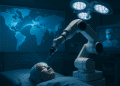 Robotic surgical arm performing a remote transatlantic stroke procedure with real-time AI data visualized over a world map in a modern operating room.