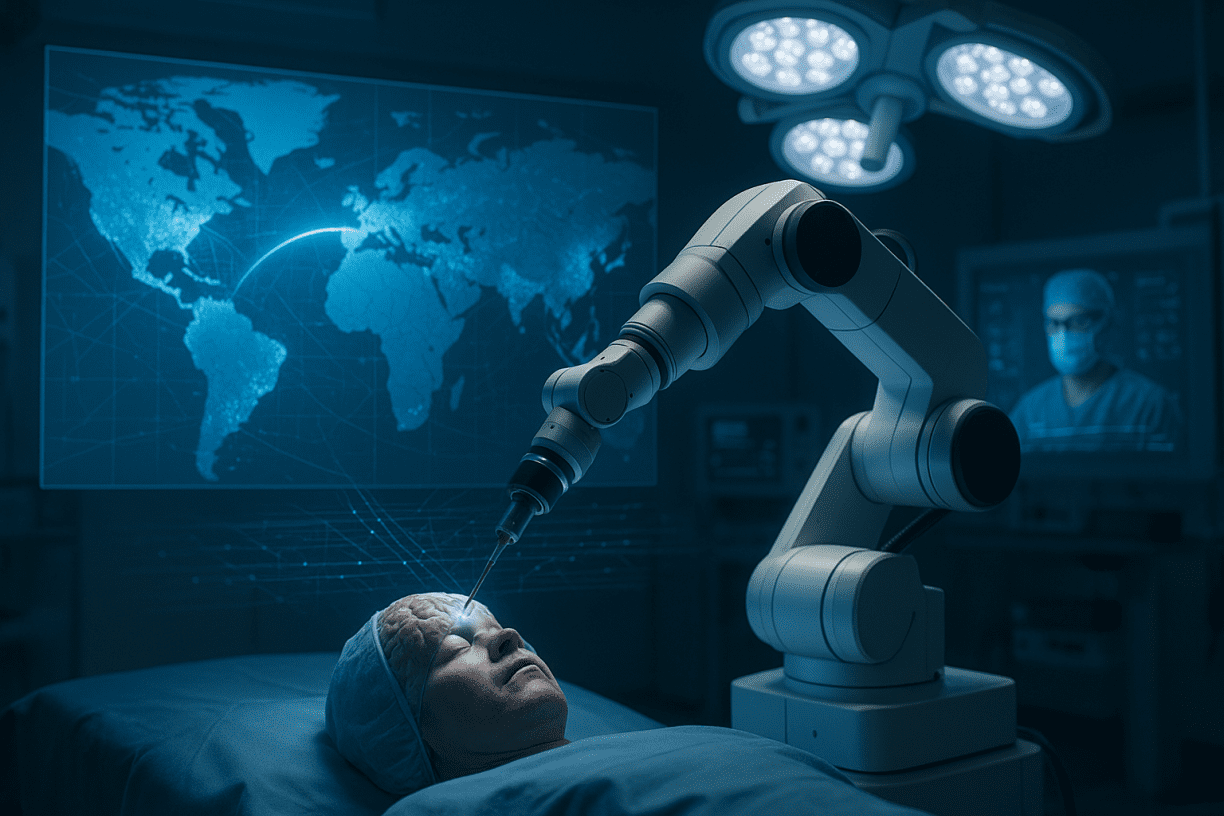 Robotic surgical arm performing a remote transatlantic stroke procedure with real-time AI data visualized over a world map in a modern operating room.