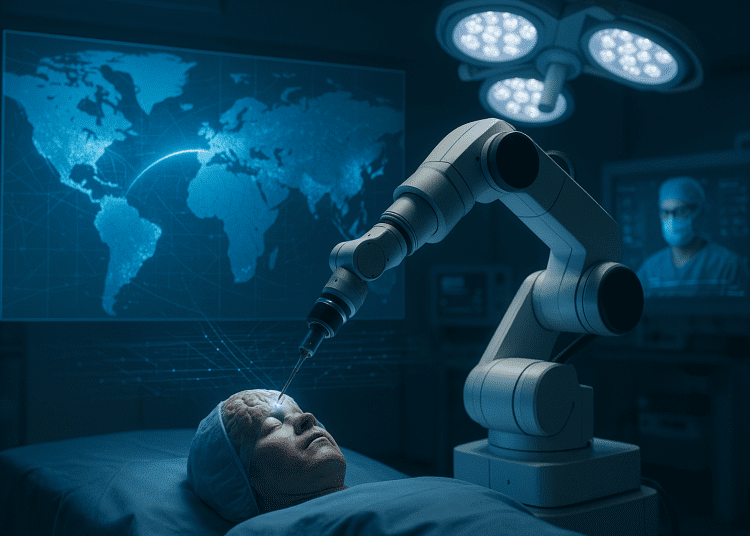 Robotic surgical arm performing a remote transatlantic stroke procedure with real-time AI data visualized over a world map in a modern operating room.