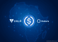VALR and Mukuru partnership illustration featuring a USDC digital coin over a connected Africa map, representing stablecoin savings and financial access.