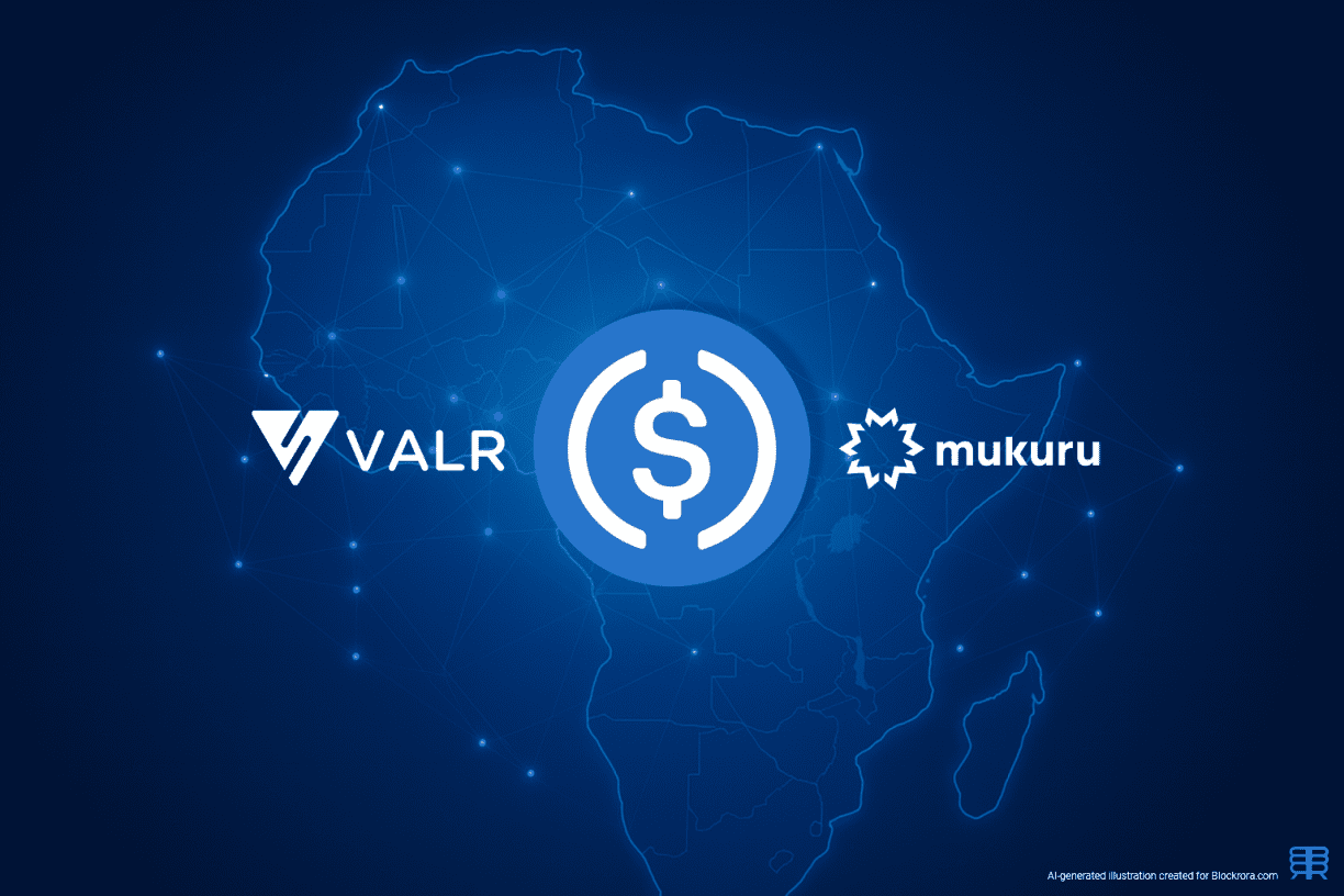 VALR and Mukuru partnership illustration featuring a USDC digital coin over a connected Africa map, representing stablecoin savings and financial access.