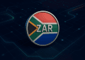 Clean semi-gloss ZAR coin with South African flag colors, floating above a digital blockchain network background.