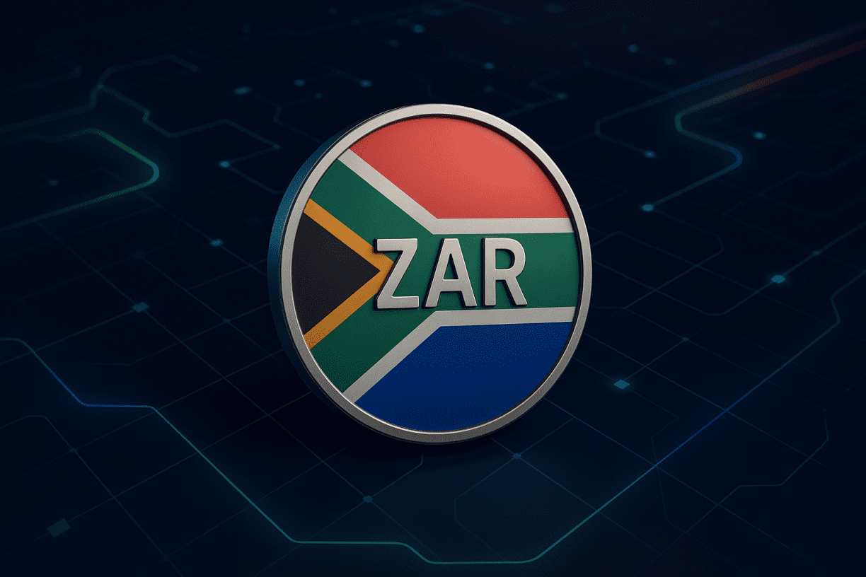 Clean semi-gloss ZAR coin with South African flag colors, floating above a digital blockchain network background.