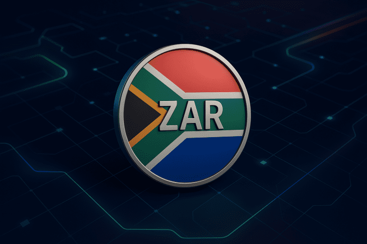 Clean semi-gloss ZAR coin with South African flag colors, floating above a digital blockchain network background.