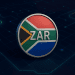 Clean semi-gloss ZAR coin with South African flag colors, floating above a digital blockchain network background.