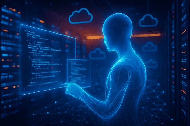 Futuristic AI agent generating code inside a neon-lit cloud data center, symbolizing AWS' push into autonomous AI coding tools.