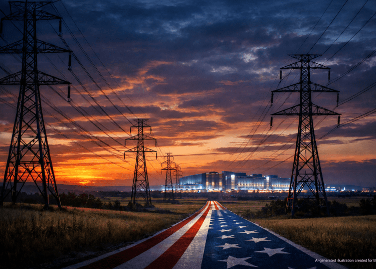 Photorealistic AI-generated image of high-voltage power transmission towers leading across a rural American landscape toward a brightly lit hyperscale data center at sunset, with a road styled as the American flag symbolizing national infrastructure and technological expansion.