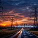 Photorealistic AI-generated image of high-voltage power transmission towers leading across a rural American landscape toward a brightly lit hyperscale data center at sunset, with a road styled as the American flag symbolizing national infrastructure and technological expansion.