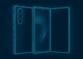 Schematic blueprint of a three-panel trifold smartphone in neon blue lines