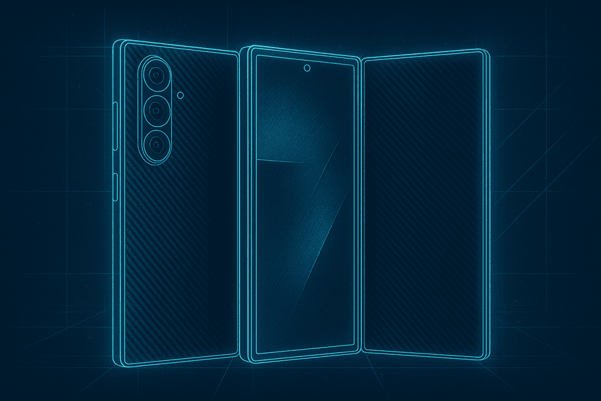 Schematic blueprint of a three-panel trifold smartphone in neon blue lines