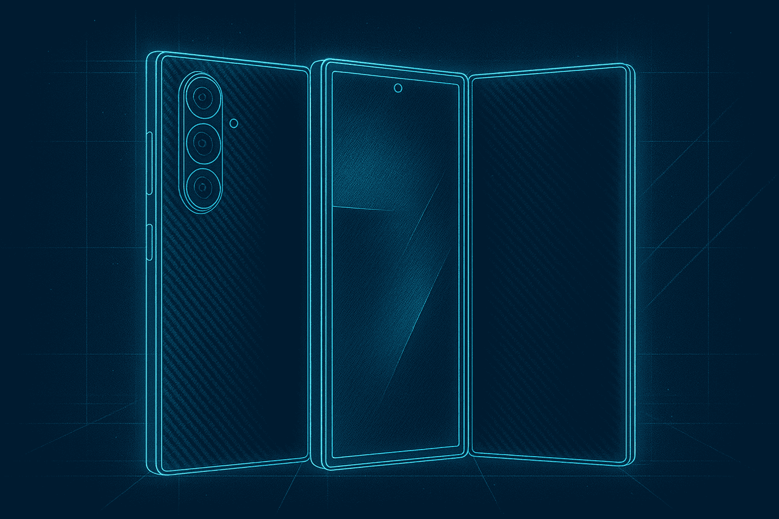 Schematic blueprint of a three-panel trifold smartphone in neon blue lines
