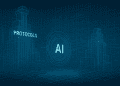 Futuristic 3D wireframe blueprint showing AI at the center of a digital architecture, with labeled structures for protocols and tools, symbolizing open AI agent standards.