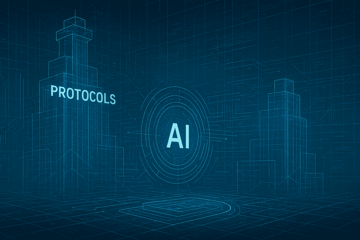 Futuristic 3D wireframe blueprint showing AI at the center of a digital architecture, with labeled structures for protocols and tools, symbolizing open AI agent standards.