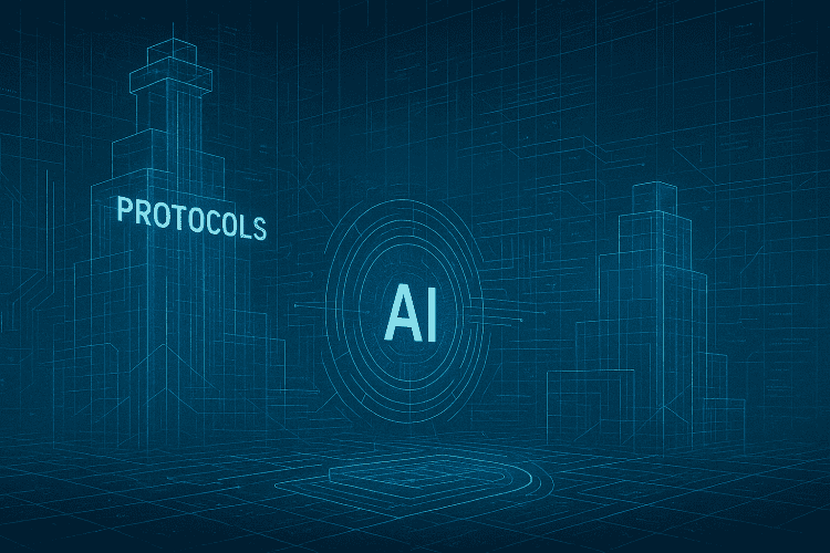 Futuristic 3D wireframe blueprint showing AI at the center of a digital architecture, with labeled structures for protocols and tools, symbolizing open AI agent standards.