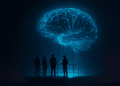 Futuristic glowing AI brain made of digital circuitry hovering above a platform as researchers observe its expanding power, symbolizing the risks of unprepared AGI development.