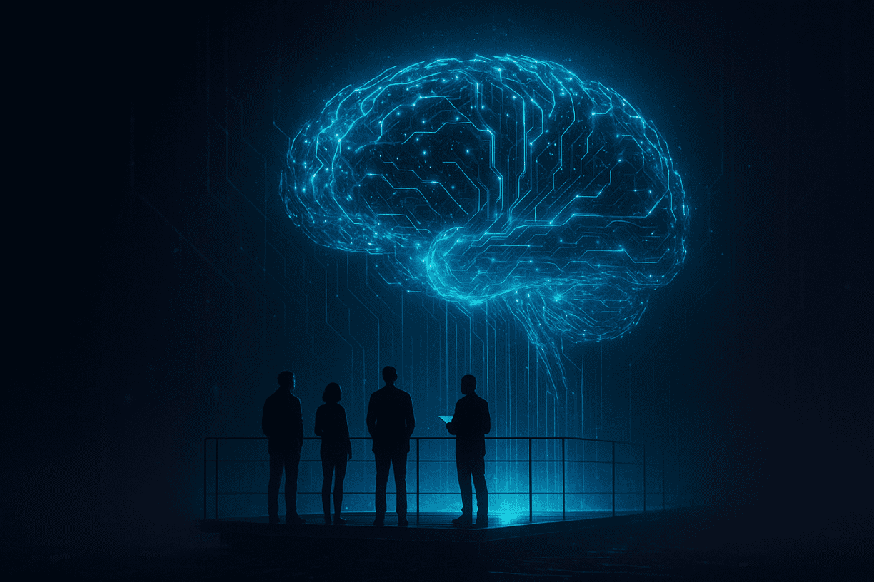 Futuristic glowing AI brain made of digital circuitry hovering above a platform as researchers observe its expanding power, symbolizing the risks of unprepared AGI development.