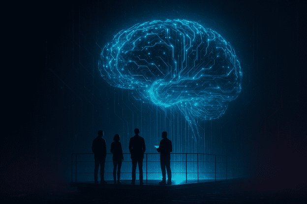 Futuristic glowing AI brain made of digital circuitry hovering above a platform as researchers observe its expanding power, symbolizing the risks of unprepared AGI development.