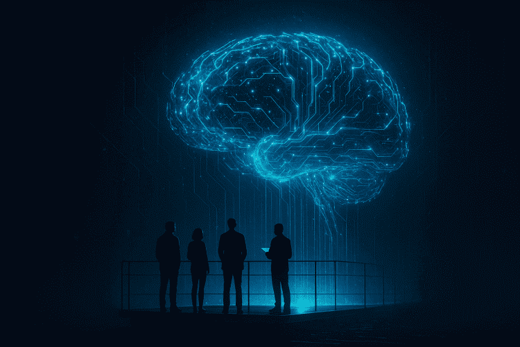 Futuristic glowing AI brain made of digital circuitry hovering above a platform as researchers observe its expanding power, symbolizing the risks of unprepared AGI development.