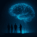 Futuristic glowing AI brain made of digital circuitry hovering above a platform as researchers observe its expanding power, symbolizing the risks of unprepared AGI development.