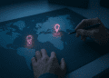 A digital world map projected on a desk with glowing glitch markers and a traveler’s hands examining incorrect locations, illustrating AI travel planning risks and misinformation.