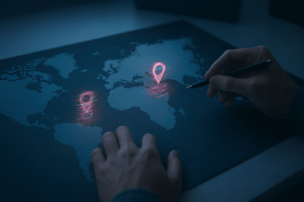 A digital world map projected on a desk with glowing glitch markers and a traveler’s hands examining incorrect locations, illustrating AI travel planning risks and misinformation.