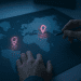 A digital world map projected on a desk with glowing glitch markers and a traveler’s hands examining incorrect locations, illustrating AI travel planning risks and misinformation.