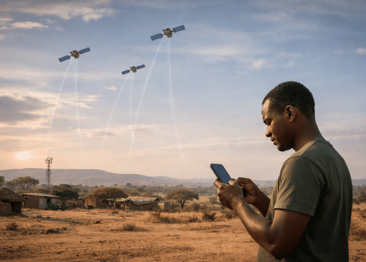 A person using a smartphone in a rural African landscape as satellites provide direct-to-cell mobile connectivity via Starlink.