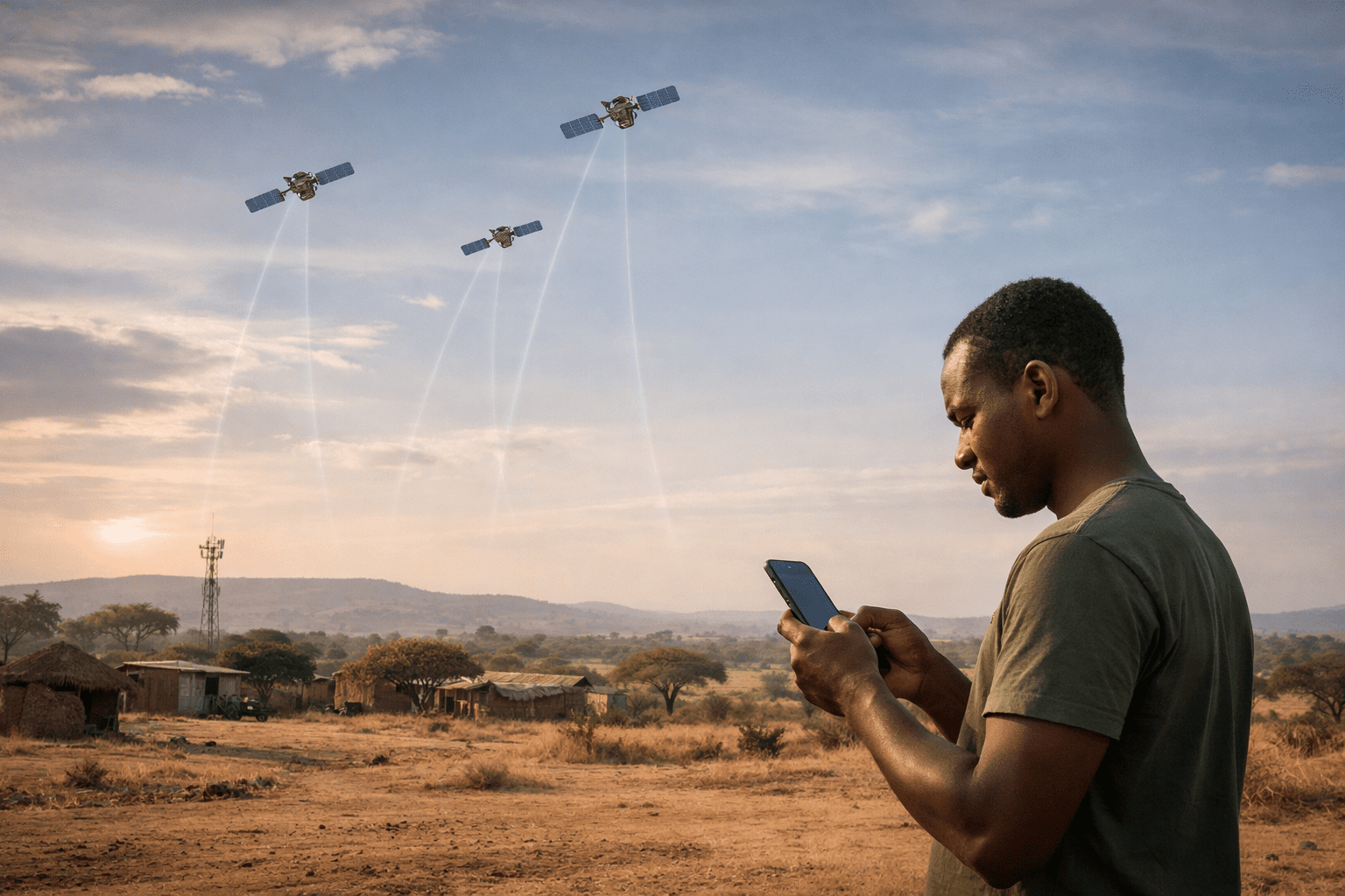 A person using a smartphone in a rural African landscape as satellites provide direct-to-cell mobile connectivity via Starlink.