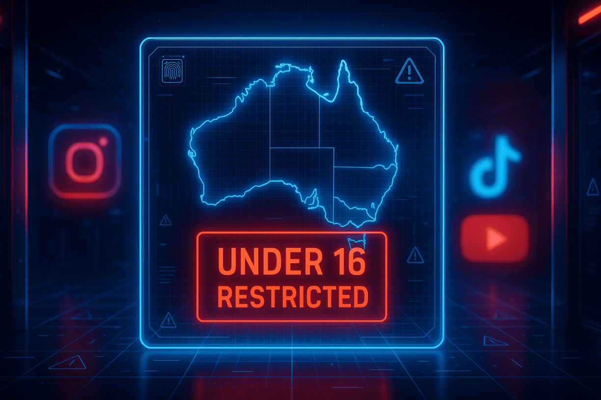 A futuristic digital border checkpoint displaying a holographic map of Australia with a glowing red “Under 16 Restricted” sign, symbolizing the country’s new social media age ban.