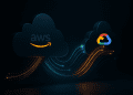 Dark-mode 3D illustration of AWS and Google Cloud connected by glowing encrypted data pathways, representing high-speed multicloud networking.