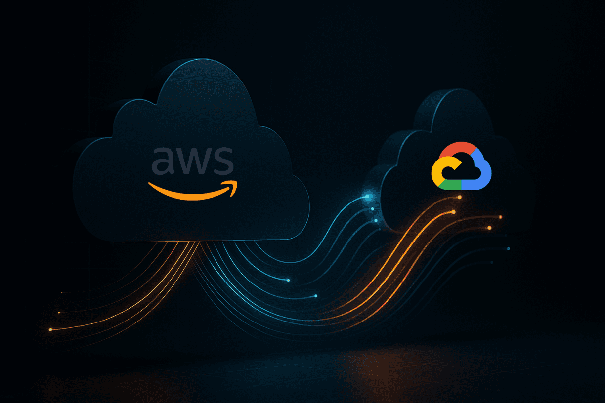 Dark-mode 3D illustration of AWS and Google Cloud connected by glowing encrypted data pathways, representing high-speed multicloud networking.