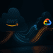 Dark-mode 3D illustration of AWS and Google Cloud connected by glowing encrypted data pathways, representing high-speed multicloud networking.