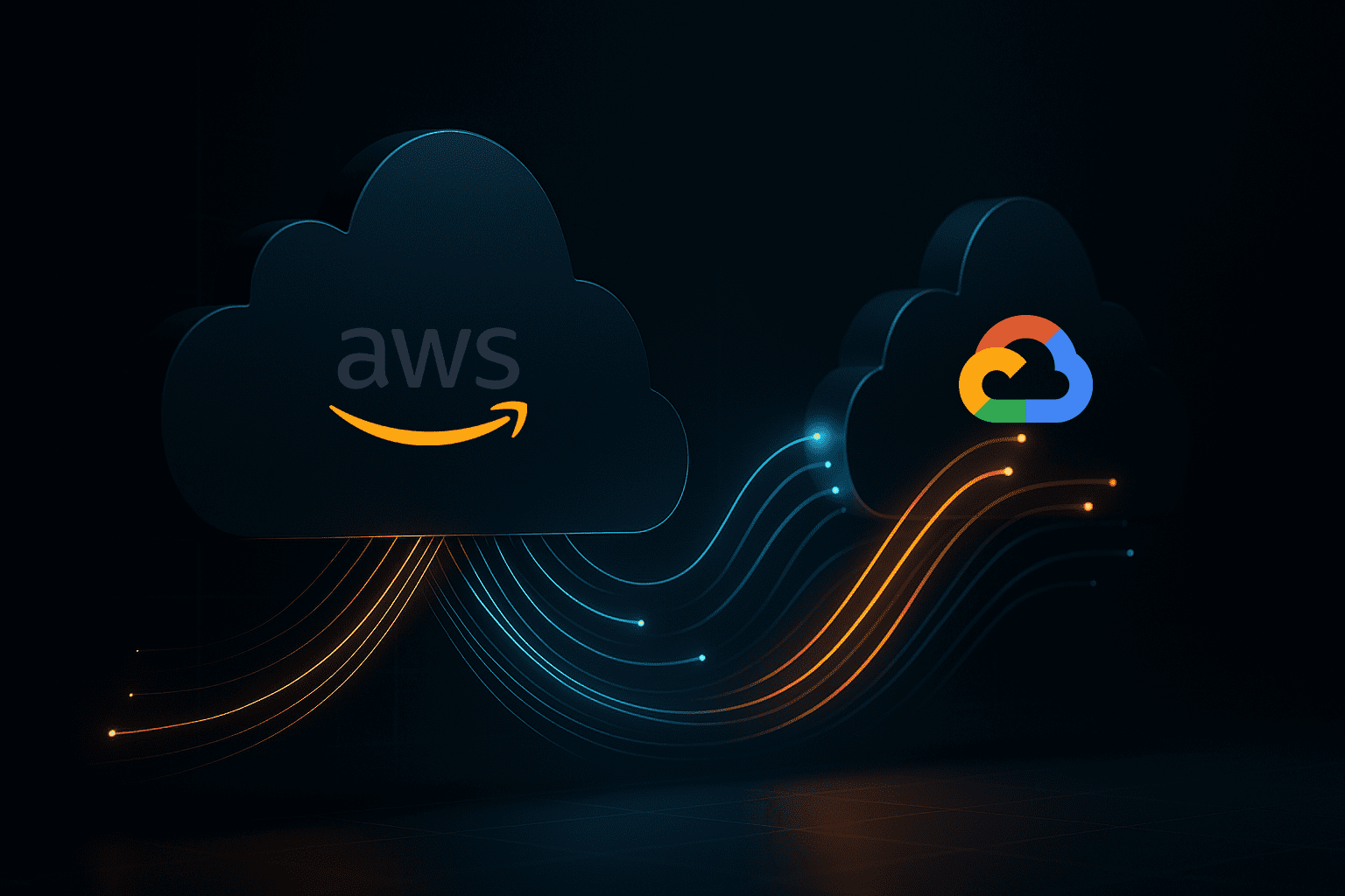 Dark-mode 3D illustration of AWS and Google Cloud connected by glowing encrypted data pathways, representing high-speed multicloud networking.