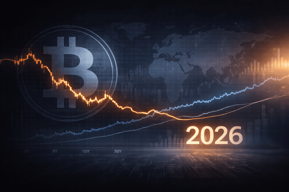 Minimal cinematic illustration of the Bitcoin logo against market charts, symbolizing crypto’s post-November correction and uncertainty heading into 2026