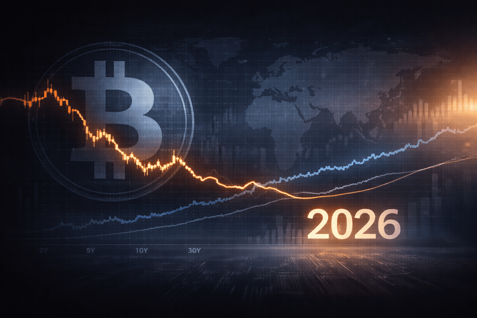 Minimal cinematic illustration of the Bitcoin logo against market charts, symbolizing crypto’s post-November correction and uncertainty heading into 2026