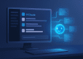 Digital illustration of Claude Code automating developer workflows inside Slack, with a glowing AI icon generating code from a chat window on a computer monitor.