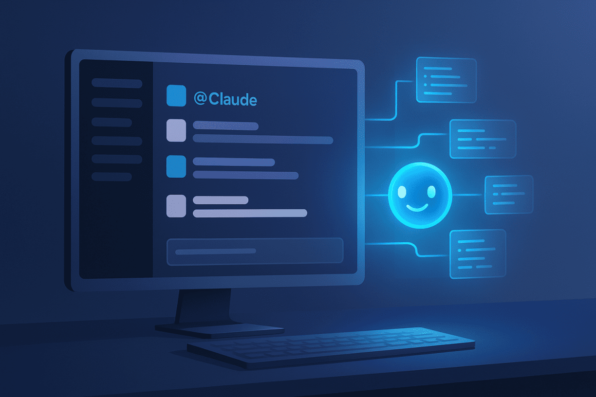 Digital illustration of Claude Code automating developer workflows inside Slack, with a glowing AI icon generating code from a chat window on a computer monitor.