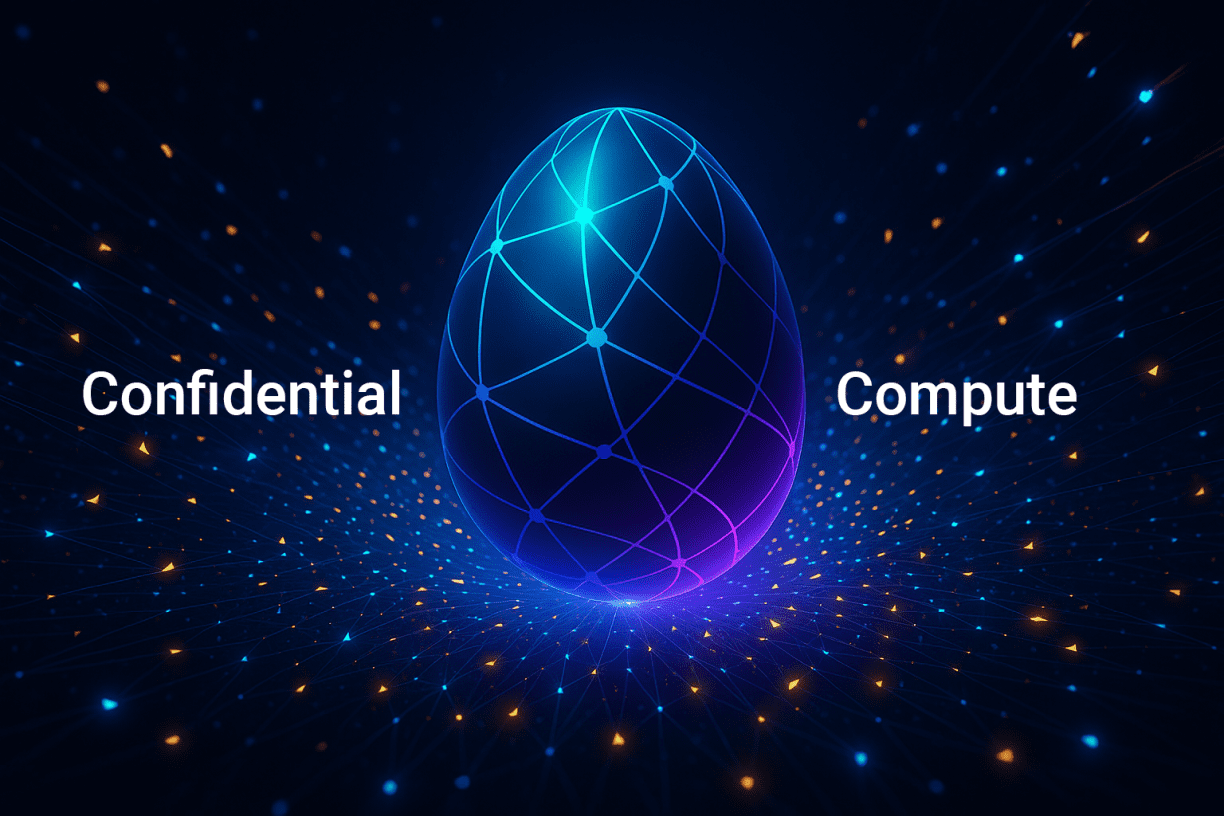 “3D glowing Cocoon egg with neon network lines and floating AI nodes, with the words Confidential Compute on each side, representing TON’s decentralized confidential compute network.”