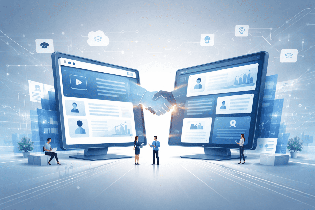 Illustration representing the Coursera and Udemy $2.5 billion merger in online education and AI-driven learning platforms