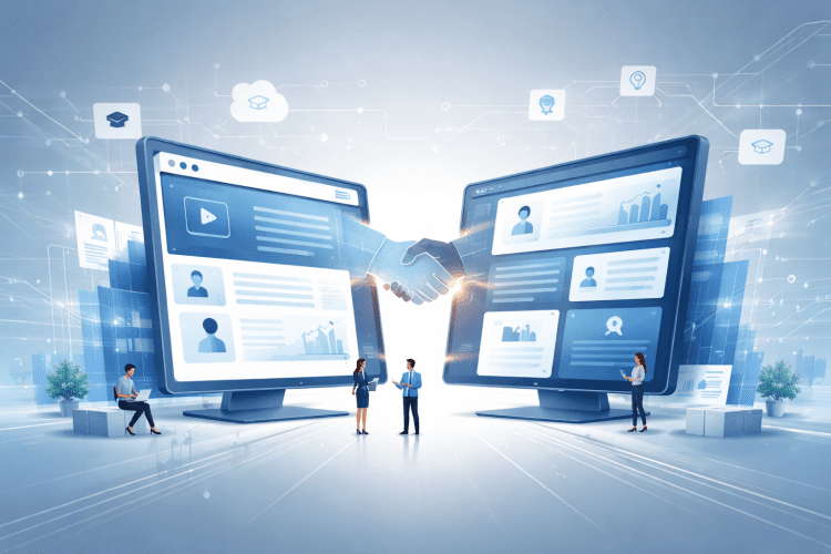 Illustration representing the Coursera and Udemy $2.5 billion merger in online education and AI-driven learning platforms