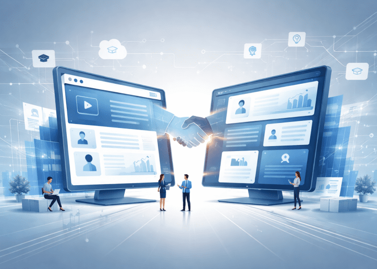 Illustration representing the Coursera and Udemy $2.5 billion merger in online education and AI-driven learning platforms