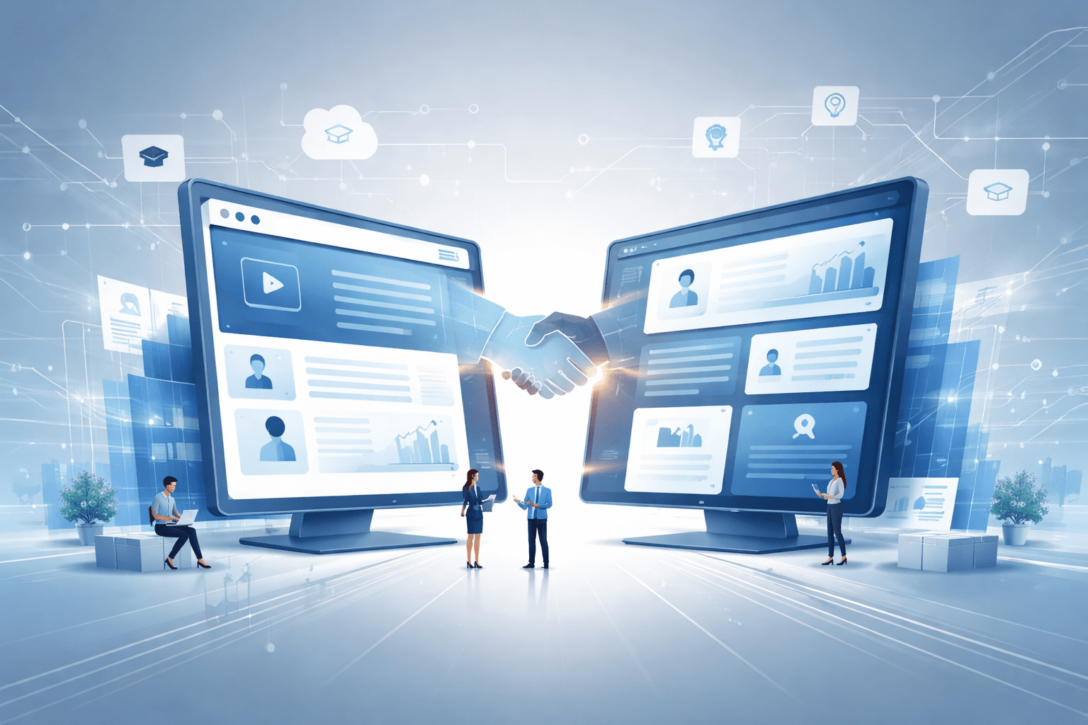 Illustration representing the Coursera and Udemy $2.5 billion merger in online education and AI-driven learning platforms