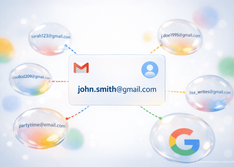 AI-generated illustration showing a Gmail account profile connected to multiple email address aliases, representing Google’s planned Gmail address change feature without data loss.